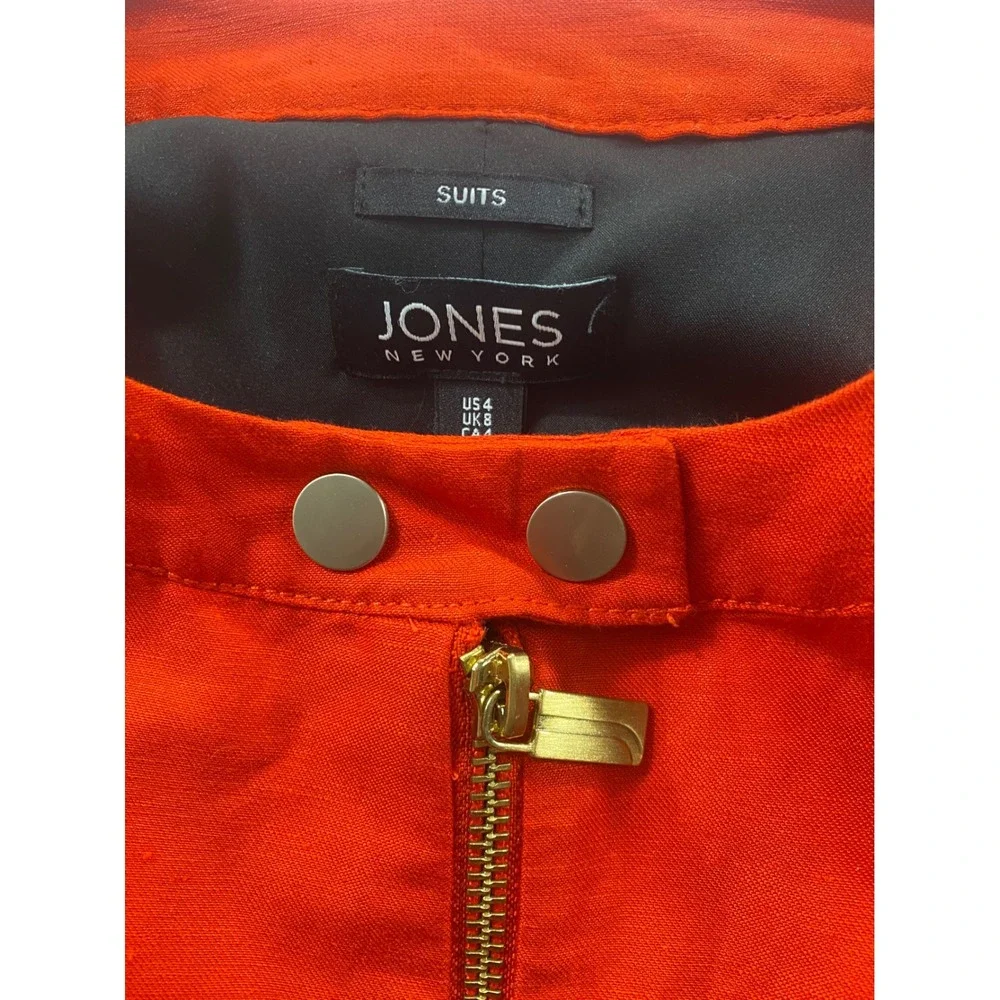 Jones‎ New York Suits Red Linen Blend Collarless Zip Front Jacket Womens 4